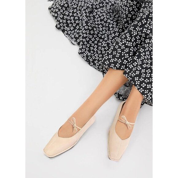 Women Beige Faux Leather Square Toe Lace Up Ballerina Ballet Slip On Flats - Picture 4 of 7